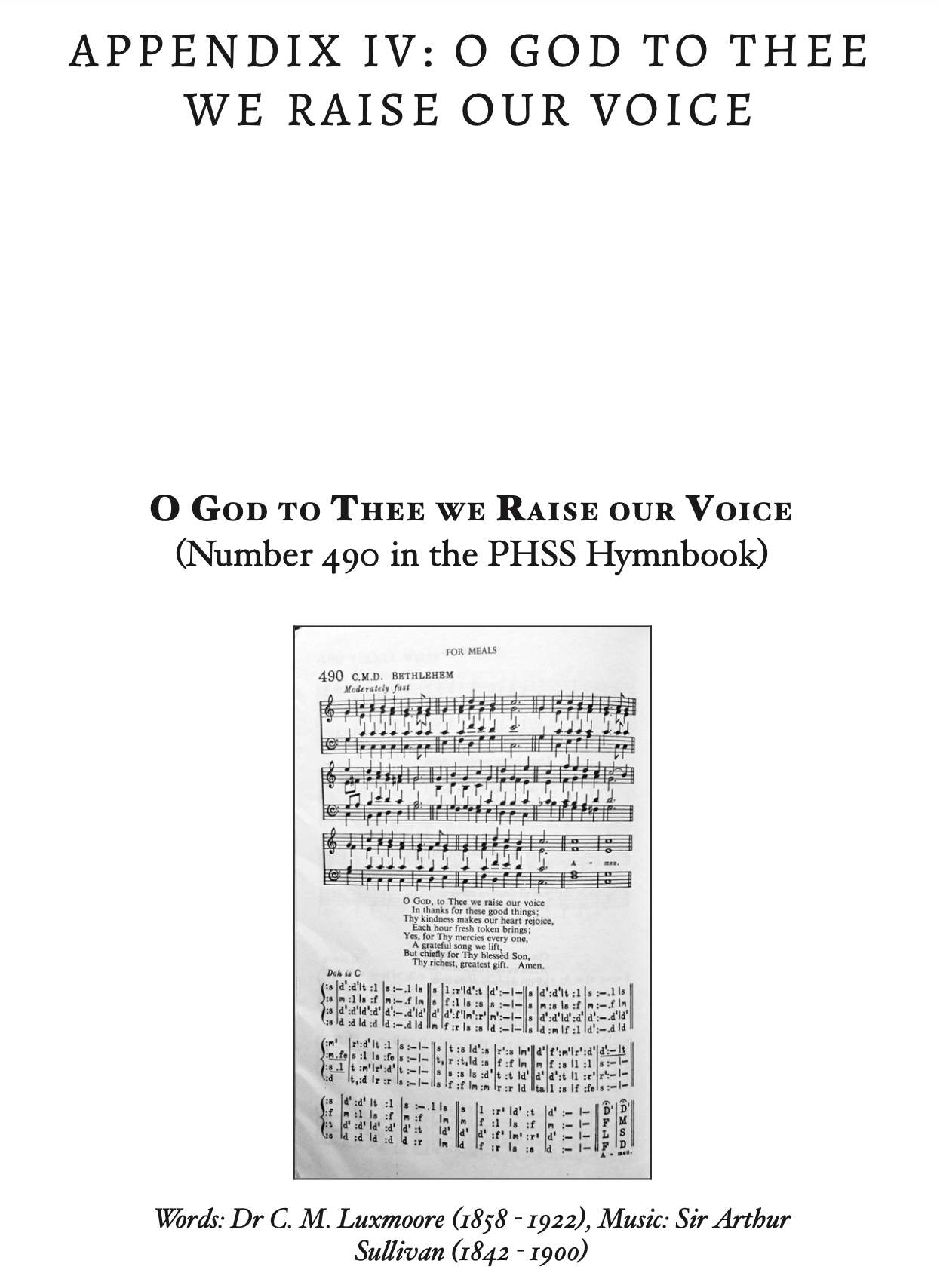 facsimile of words and music, no 490 in PHSS Hymnbook, "O God to Thee we raise our voice"